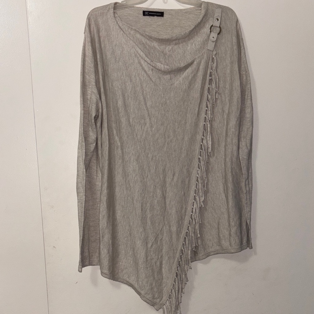 INC International Concepts Light Gray Asymmetric Fringe Sweater